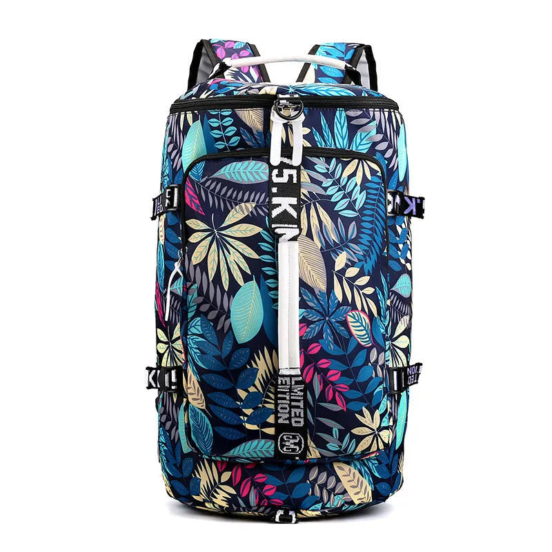 Waterproof nylon gym backpack with combination lock showing shoe compartment and multiple pockets