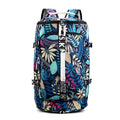 Waterproof nylon gym backpack with combination lock showing shoe compartment and multiple pockets