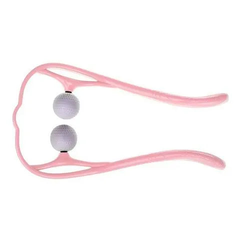 Plastic handheld neck and shoulder massager with adjustable width and roller head in pink, blue, and green colours.