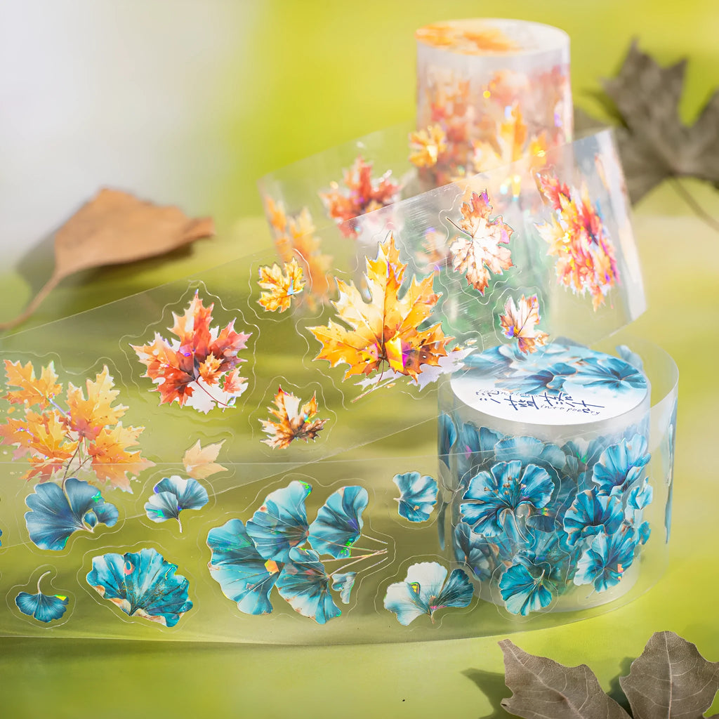 PET decorative sticker roll showing six natural leaf colour variations including ginkgo and maple designs