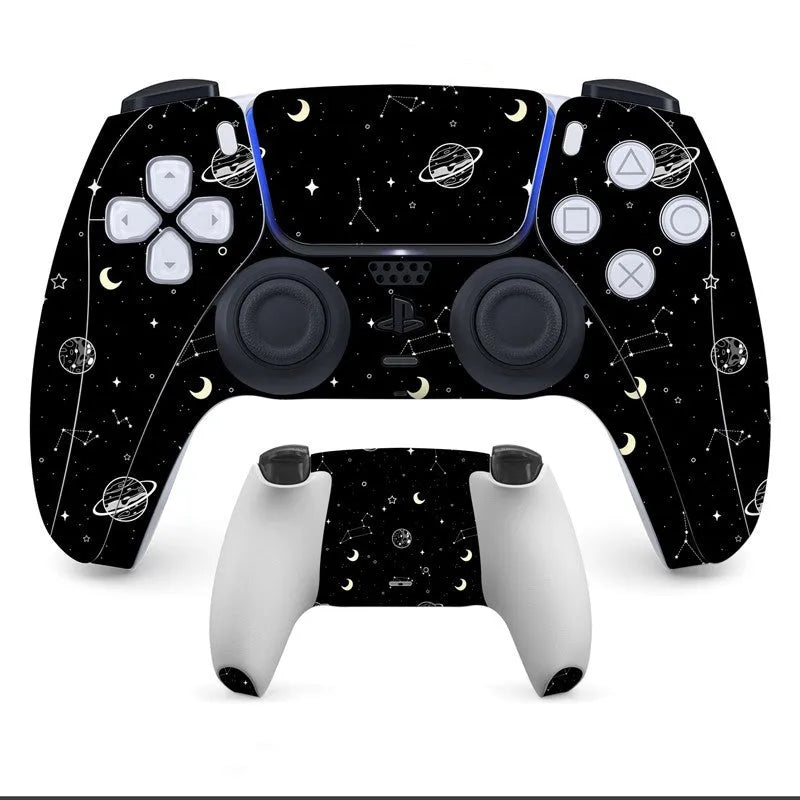 PS5 controller with anti-scratch handle stickers applied, showing micro frosted PVC texture.