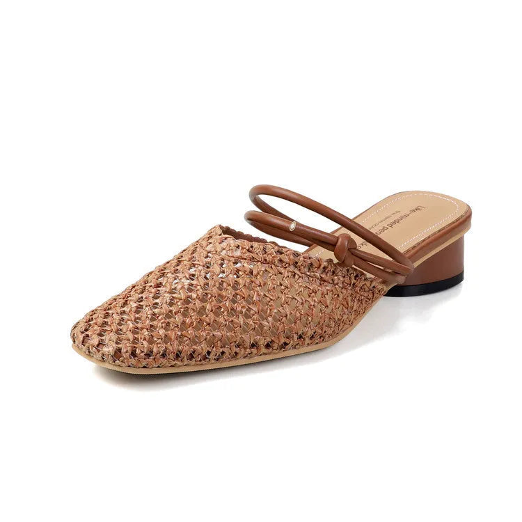 Women's French-style square toe outdoor slippers with hollow-out design and chunky retro heel