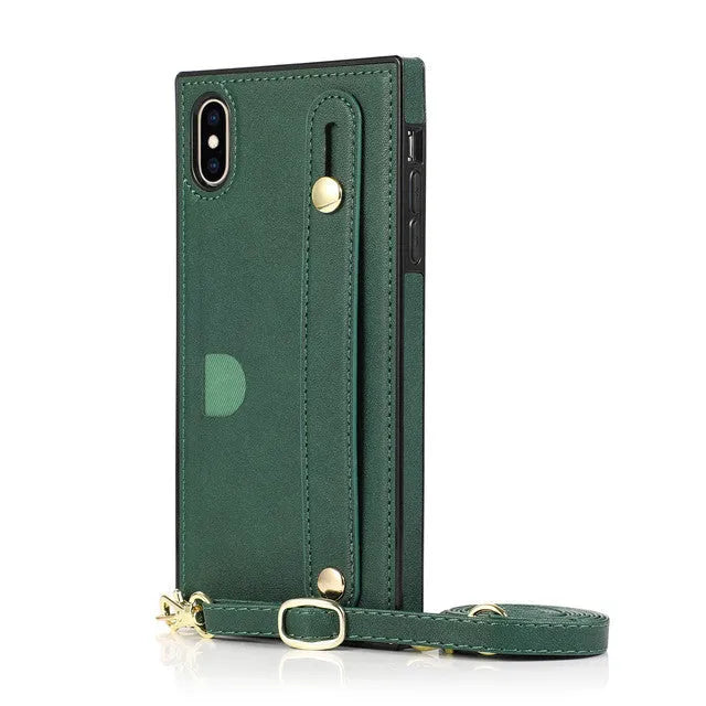 Leather iPhone case with a wristband strap and card slot, shown in multiple colours.