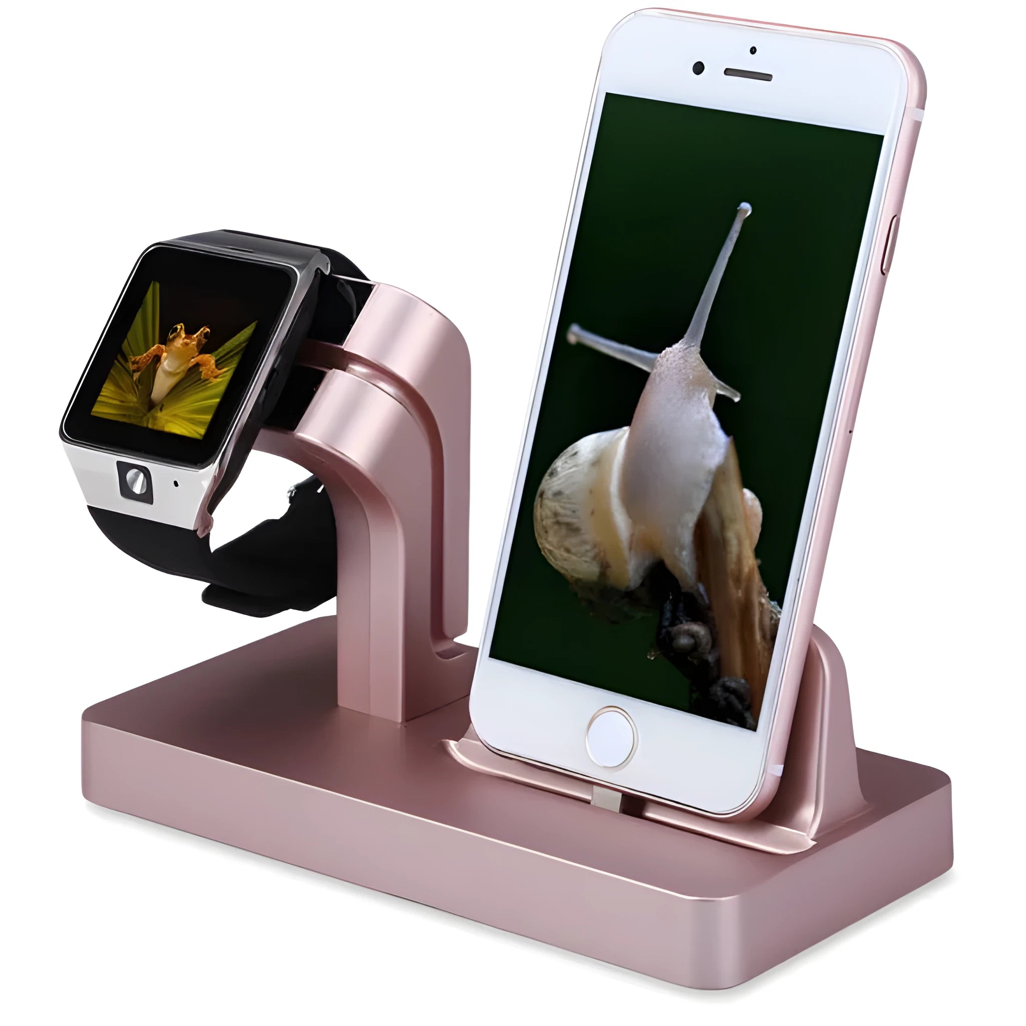 White charging dock station holding iPhone and Apple Watch for simultaneous desktop charging