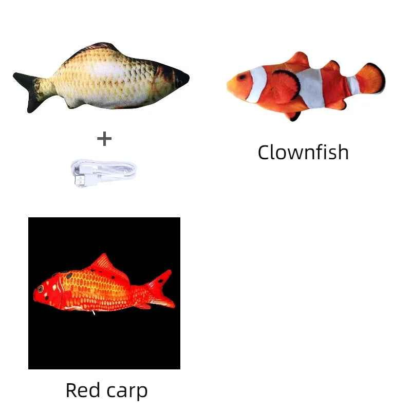 Electric jumping fish simulation cat toy showing multicolor options and USB charging cable.