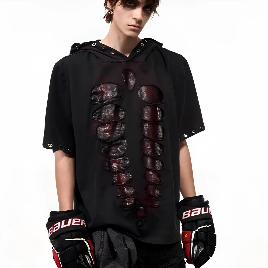 Black men's loose-fit hooded T-shirt with short sleeves and sequin decoration