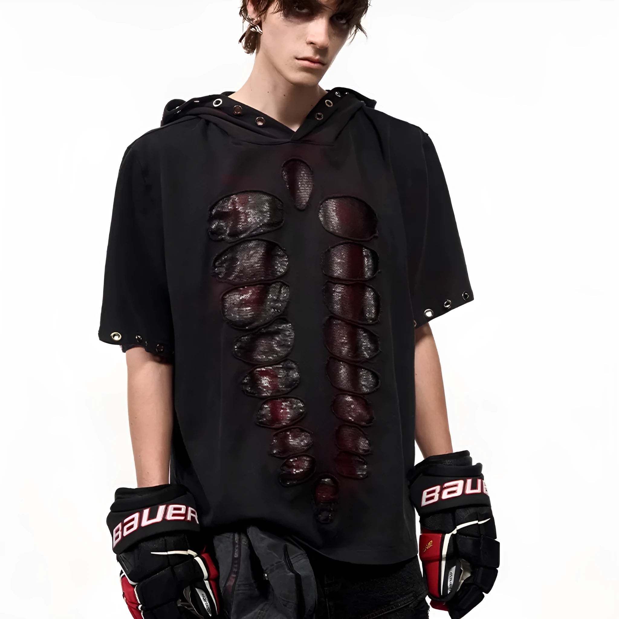 Black men's loose-fit hooded T-shirt with short sleeves and sequin decoration