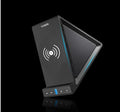 Black multifunctional Bluetooth speaker with integrated mobile phone stand and wireless charging area