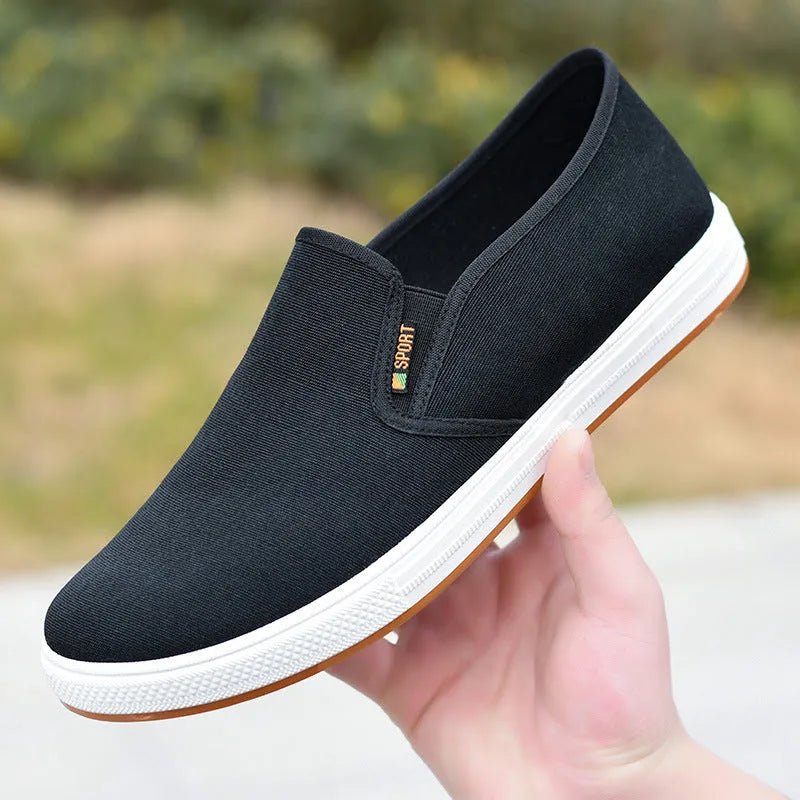 Men's black and blue canvas slip-on cloth shoes with round toe and shallow mouth design