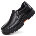 Black cowhide leather slip-on business casual shoes with a rubber sole
