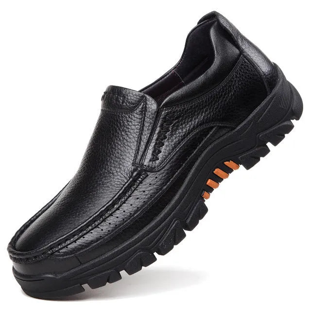 Black cowhide leather slip-on business casual shoes with a rubber sole