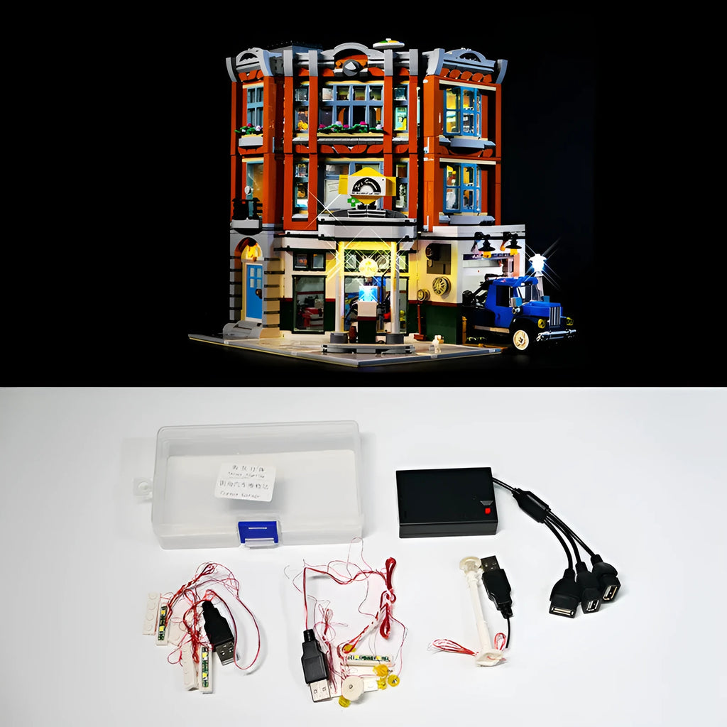 Plastic LED lighting kit components for a MOC model corner repair shop diorama.