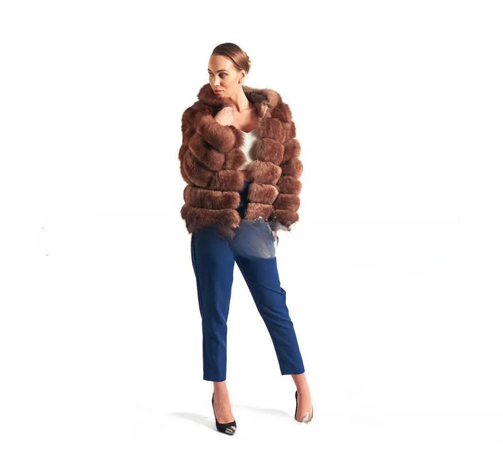 Women's loose brown artificial fur hooded coat on a hanger, street fashion style.