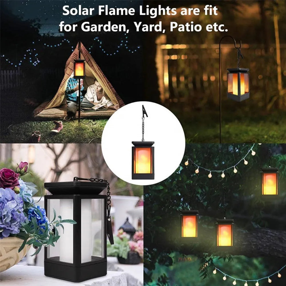 Antique flame style outdoor solar lamp with black ABS+PC shell and solar panel on top.
