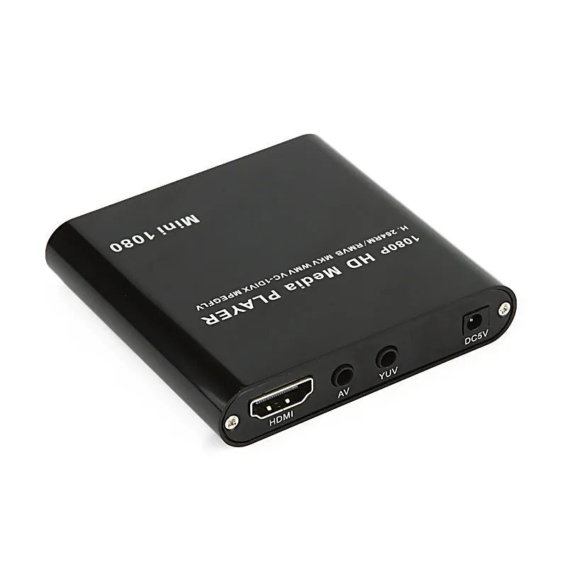 Blue 1080p HDMI media player with USB and SD card slots on compact all-metal chassis