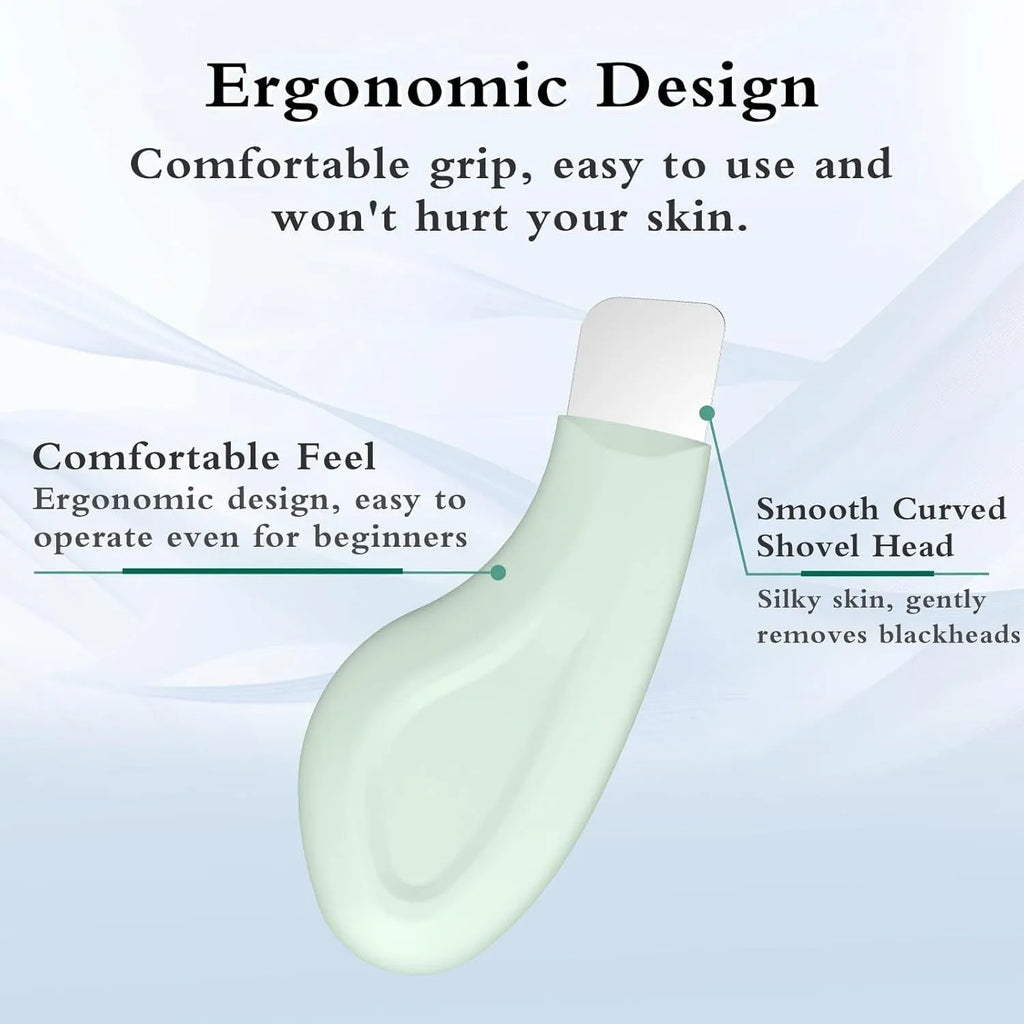 Stainless steel blackhead scraper tool with a non-slip handle for facial pore cleansing.
