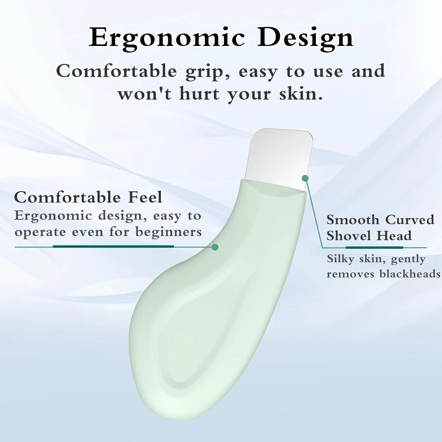 Stainless steel blackhead scraper tool with a non-slip handle for facial pore cleansing.