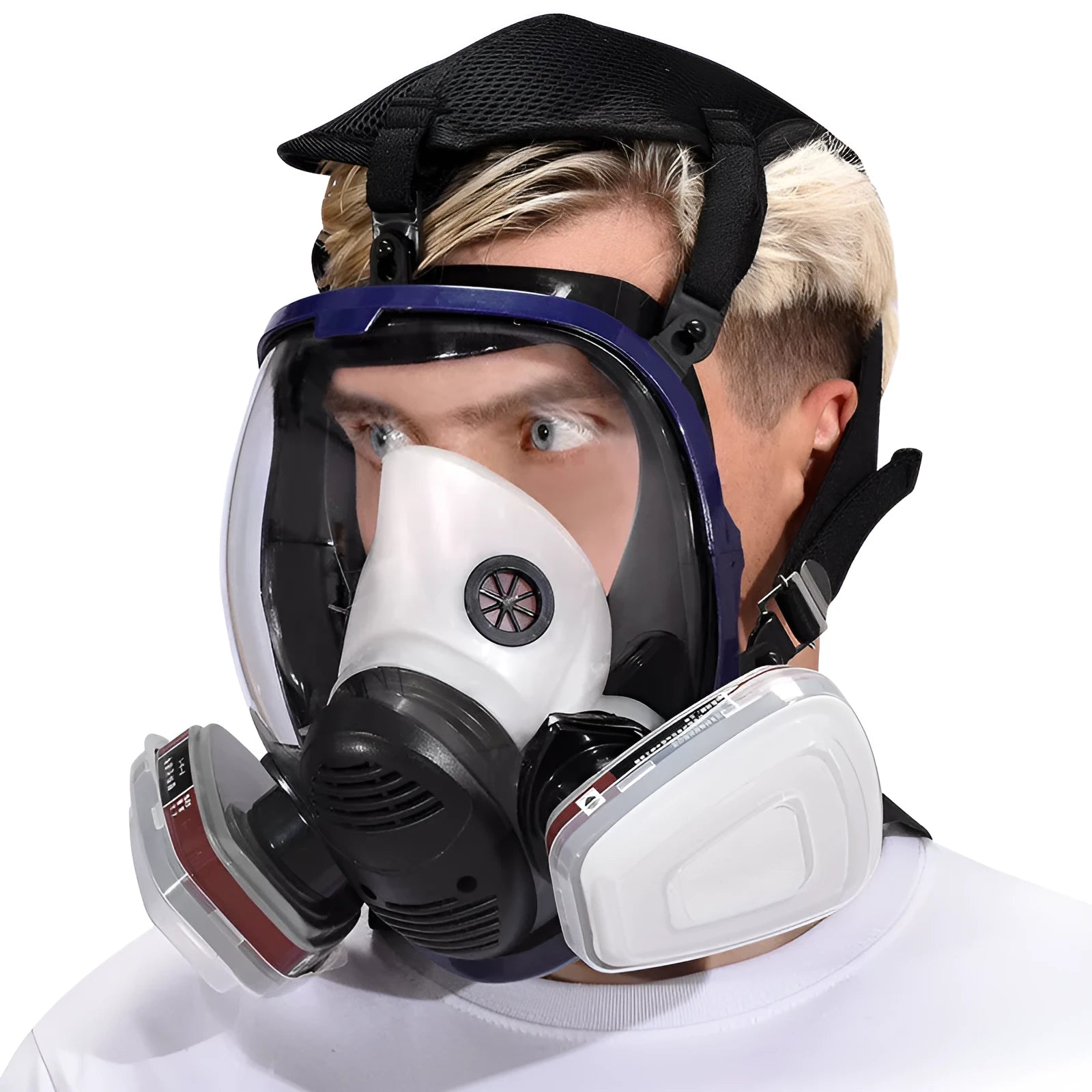 Blue edge spherical full face gas mask with trapezoidal canister on a grey background.