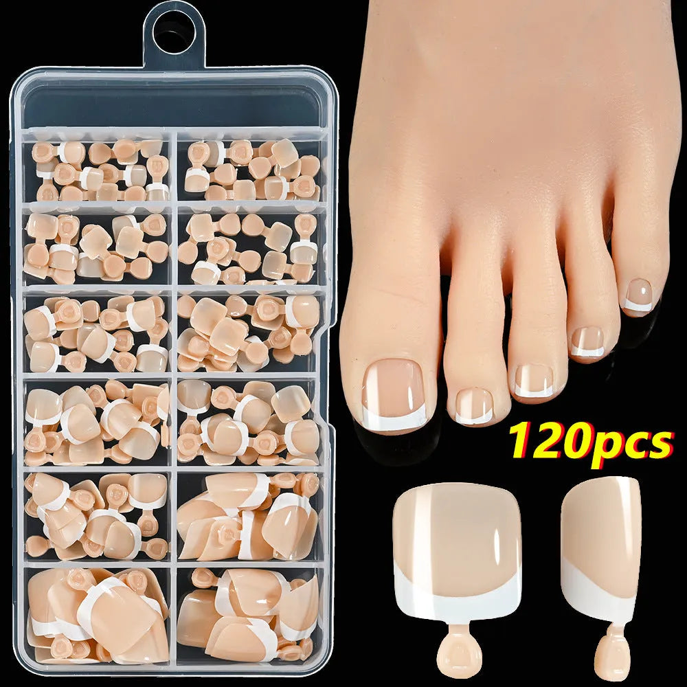 French white edge feet nude full square short artificial nail pieces 120pc boxed set showing multiple nude colour shades