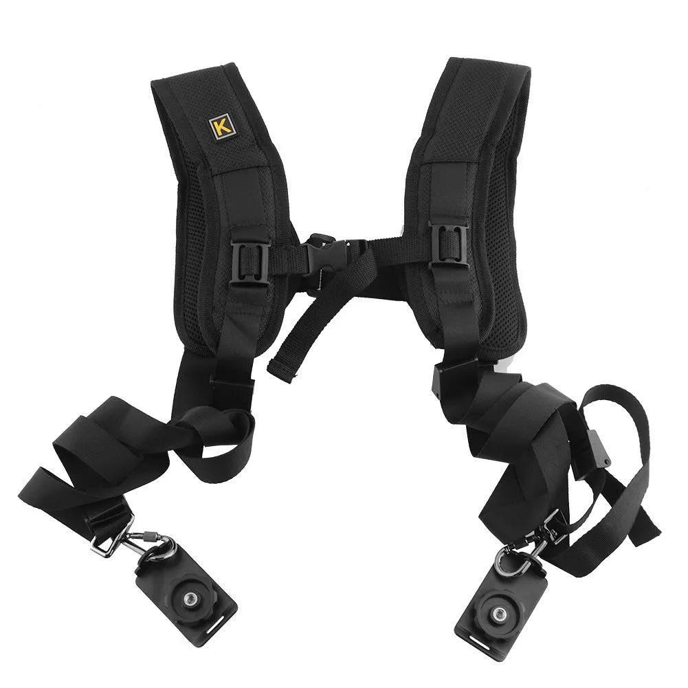 Black dual shoulder strap for carrying two professional SLR cameras simultaneously.