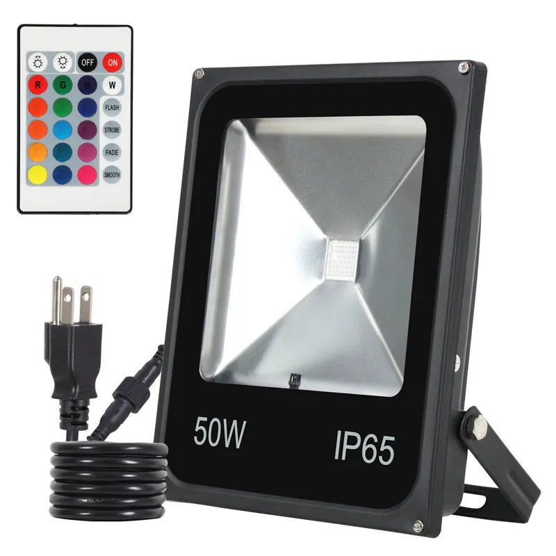 Black aluminum RGB LED flood light with IP65 rating for outdoor advertising and building lighting.