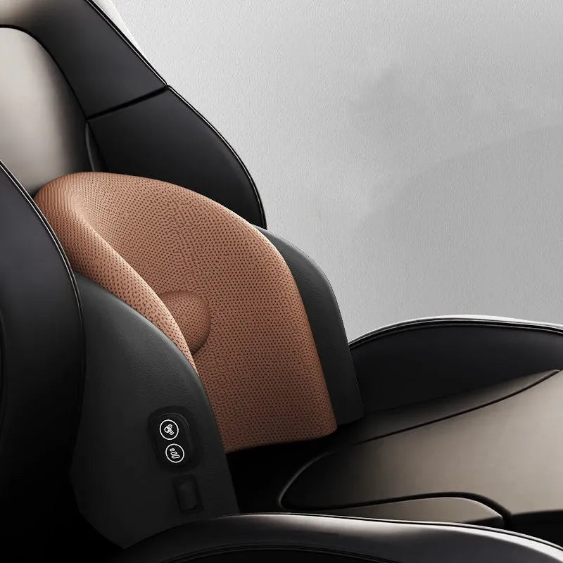 Car seat electric massage cushion and headrest in memory foam, shown in grey colour.