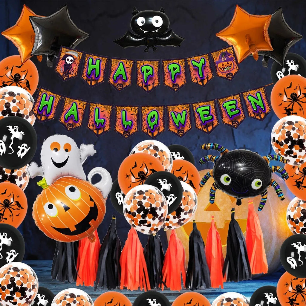 Halloween balloon set with skull and pumpkin designs in white and black colours