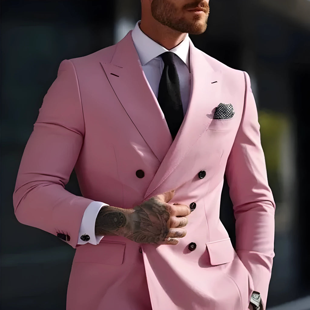 Men's Korean-style slim fit two-piece suit in cotton blend fabric showing jacket and trousers