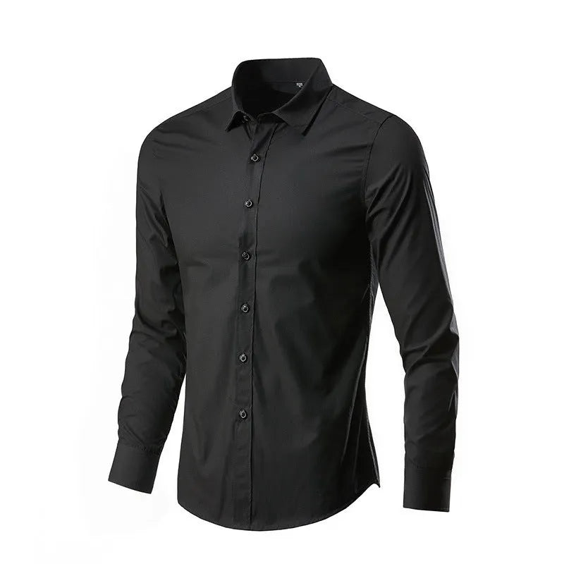 Man wearing a simple long-sleeve linen shirt in a loose fit, available in multiple colours and sizes.