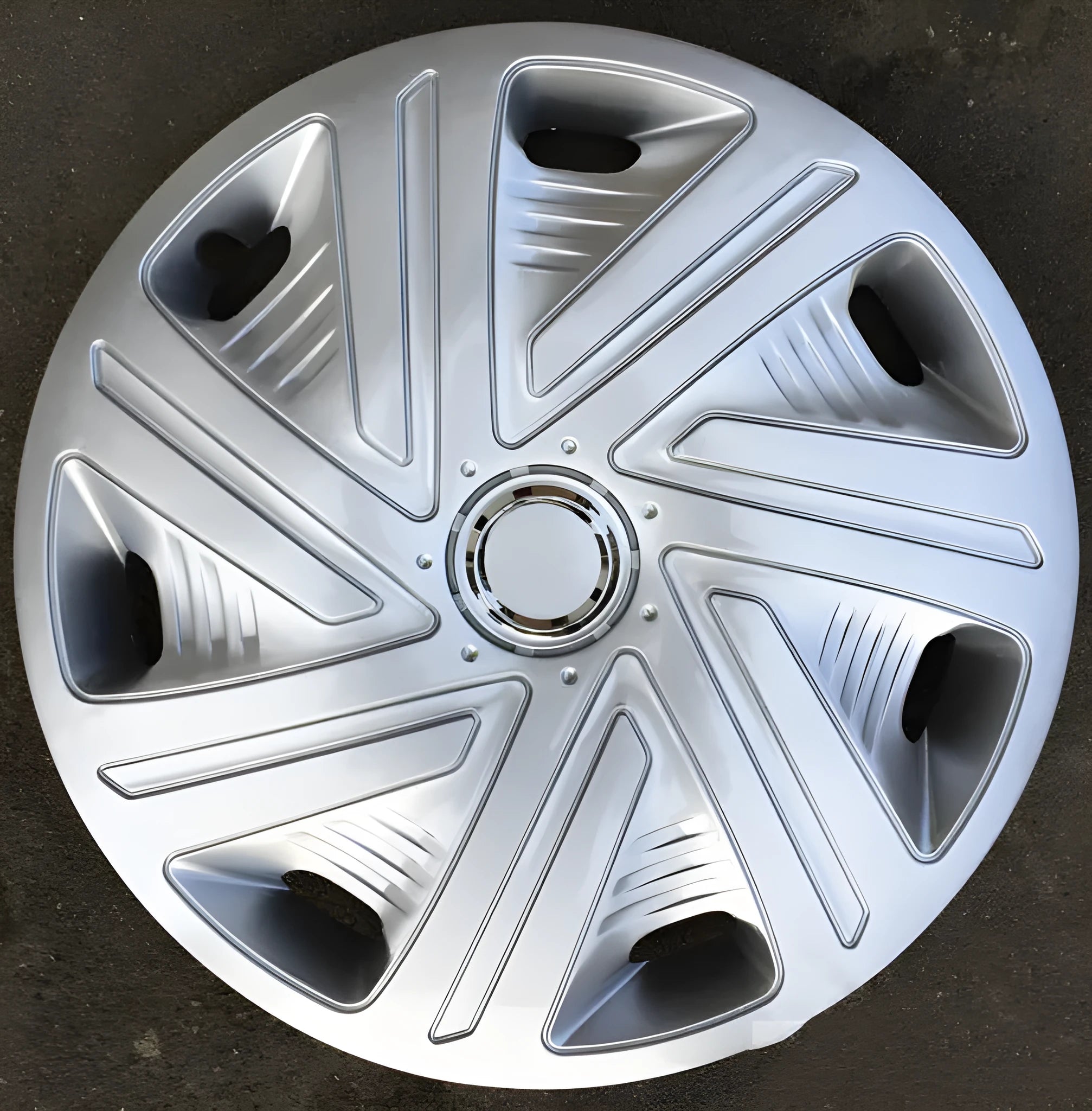 Monochrome ABS wheel hub cover in silver, black, and electroplated finishes for 13-16 inch wheels.
