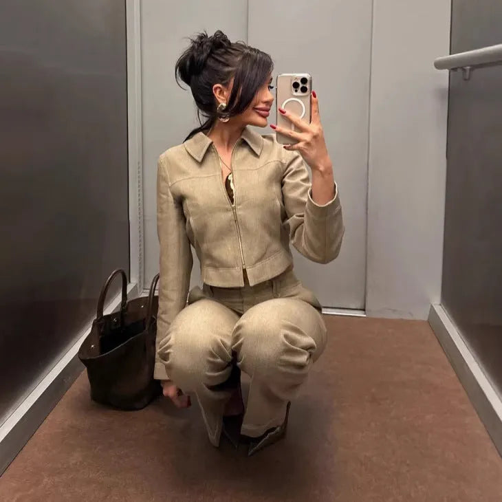 Women's herringbone pattern casual suit with 3D embroidery detailing on jacket and matching trousers