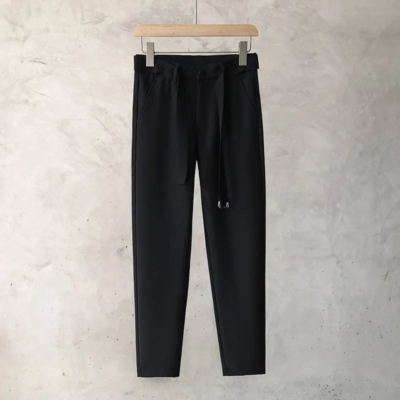 Boys slim straight wool trousers in business casual style with tapered fit and matching belt