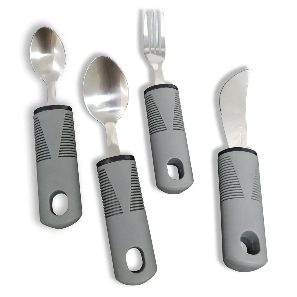 Stainless steel adaptive spoon with black rubber anti-shake handle for elderly food aid.