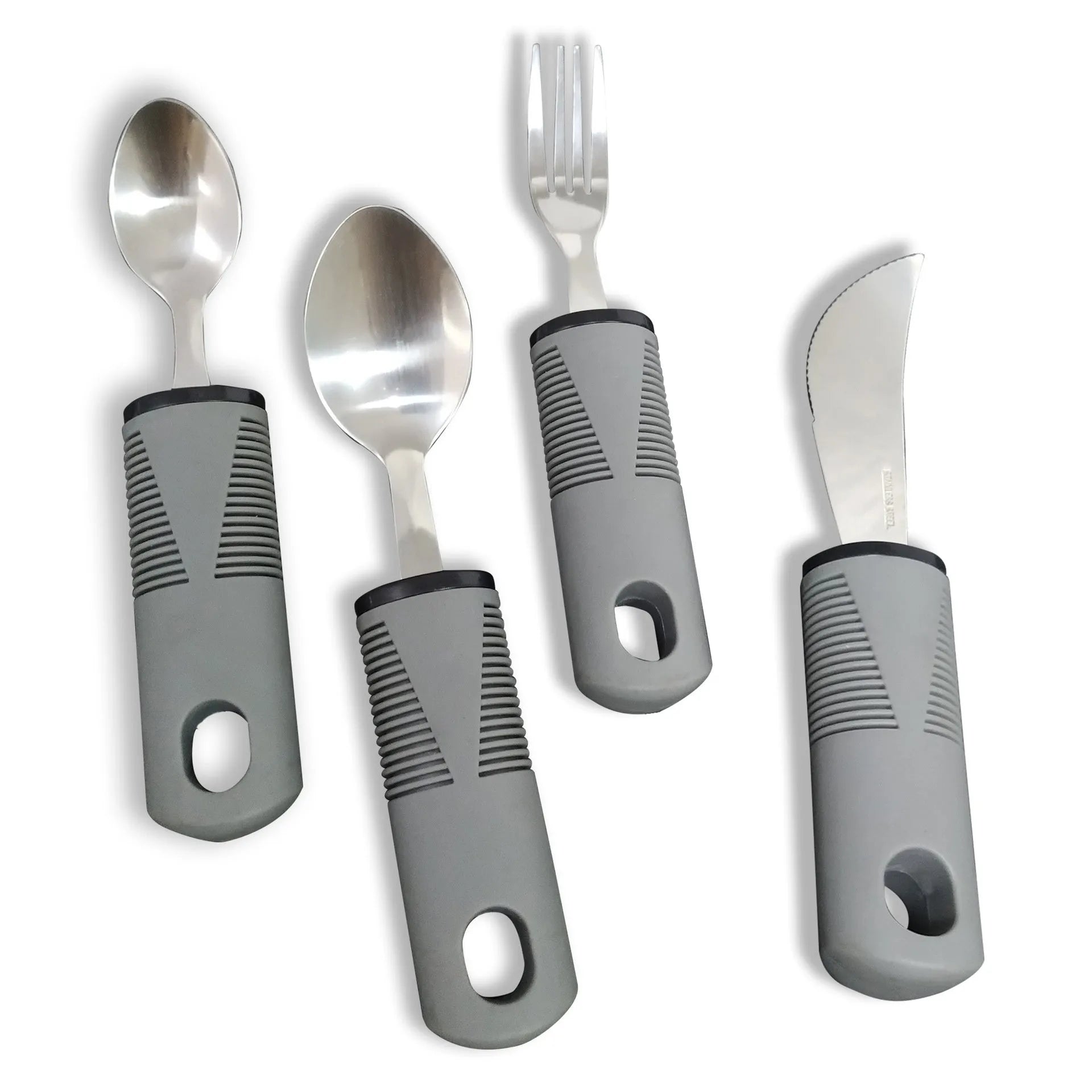 Stainless steel adaptive spoon with black rubber anti-shake handle for elderly food aid.