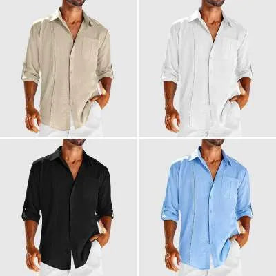 Mens grey casual long sleeve shirt with lace detail on polo collar and chest pocket.