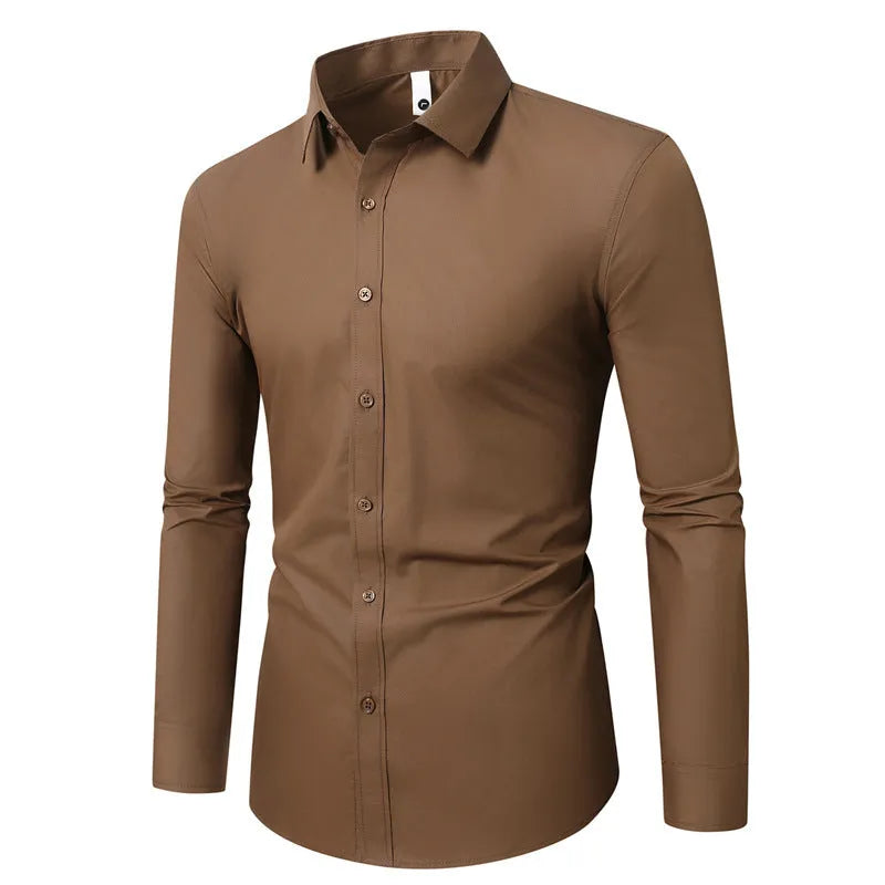Man wearing a simple long-sleeve linen shirt in a loose fit, available in multiple colours and sizes.