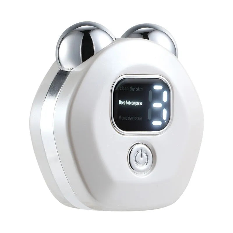 Portable hot compress charging massage instrument with micro current double rollers in white, light blue, or pink