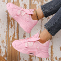 Women's purple platform mesh dad shoes with animal pattern detailing and lace-up front