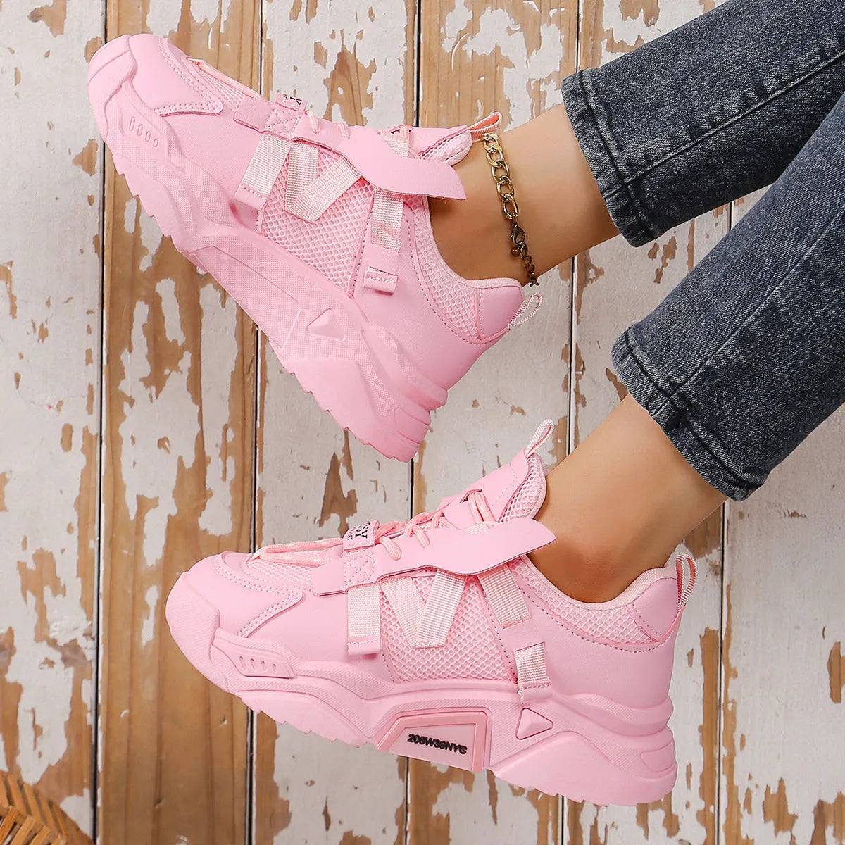 Women's purple platform mesh dad shoes with animal pattern detailing and lace-up front