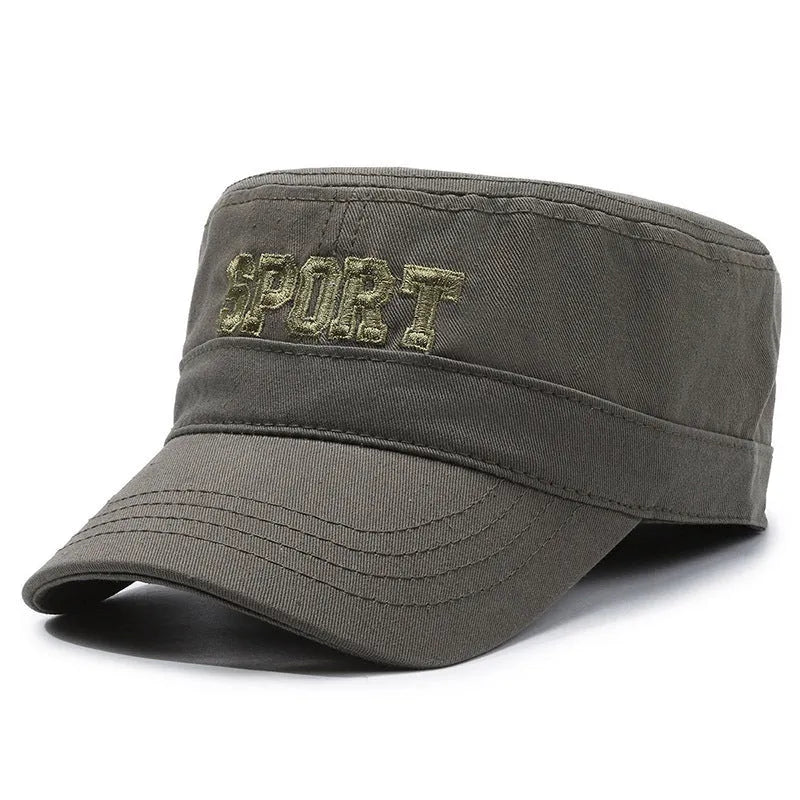 Men's adjustable cotton peaked cap in army green with dome crown and English letter detail
