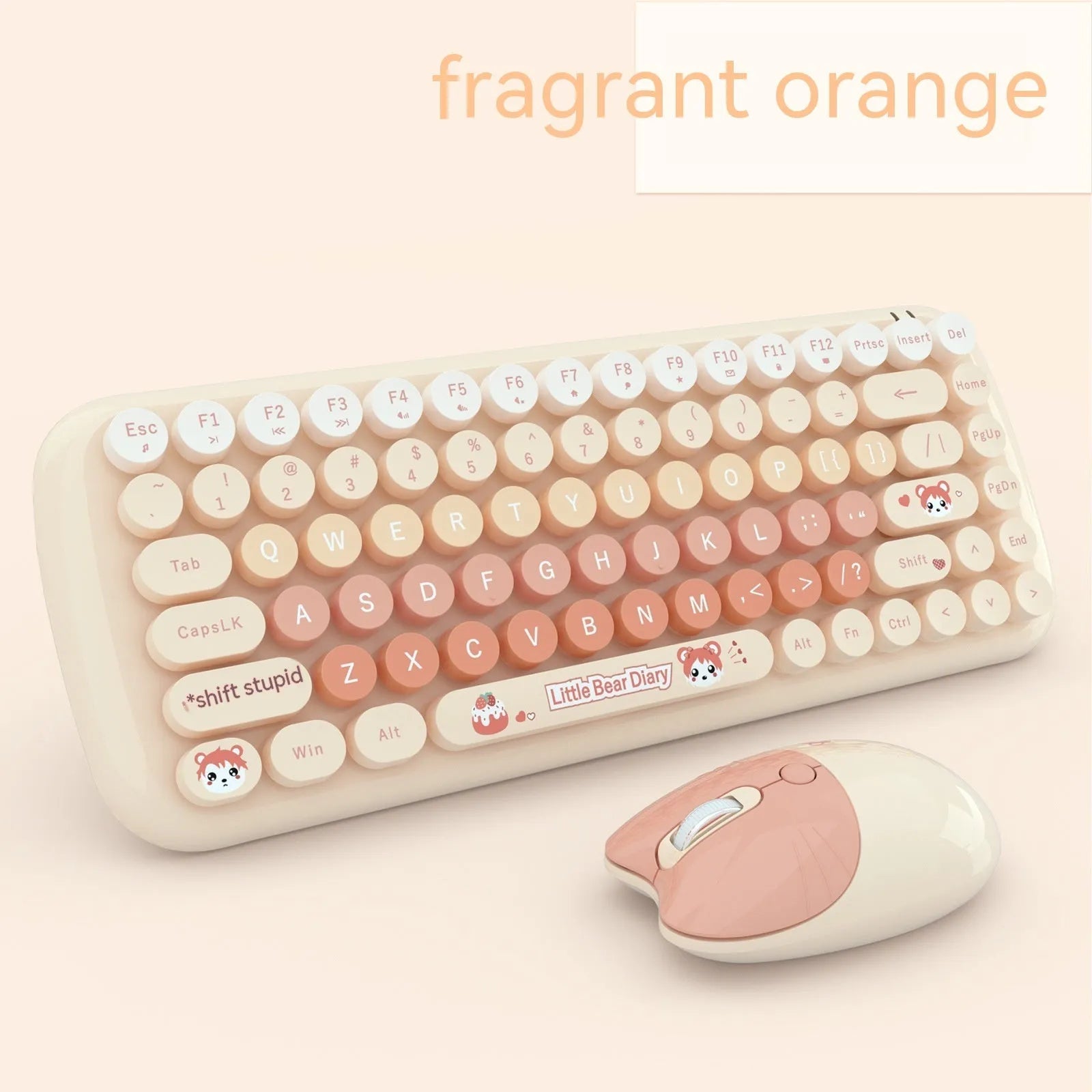 Candy pink wireless keyboard and mouse set with compact cartoon-style design on a desk.