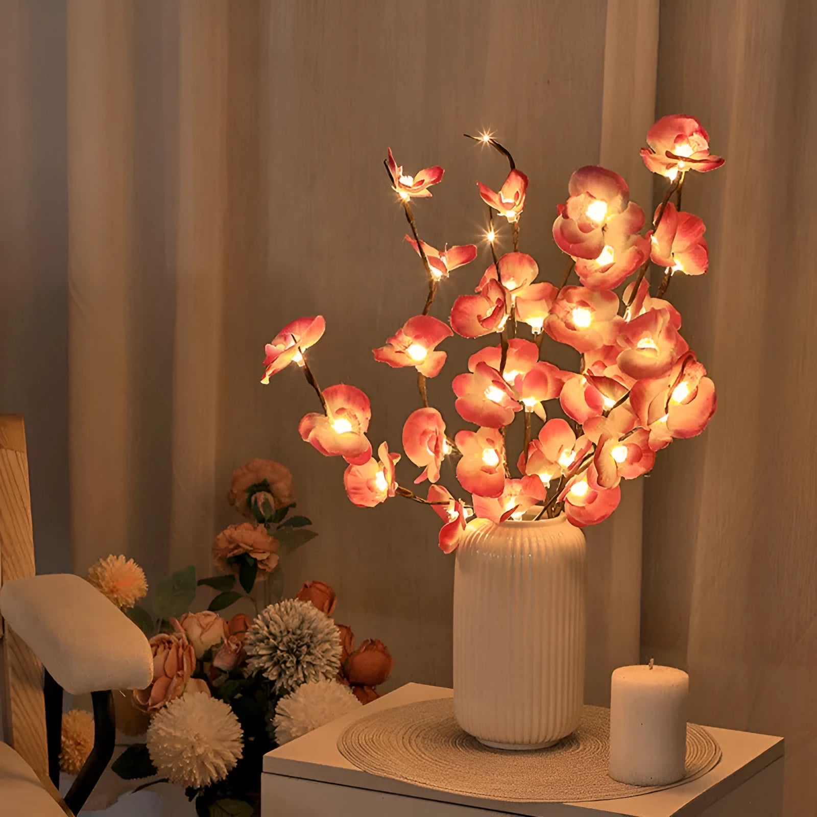 Pink LED phalaenopsis branch decorative light measuring 65cm with battery operation for bedrooms