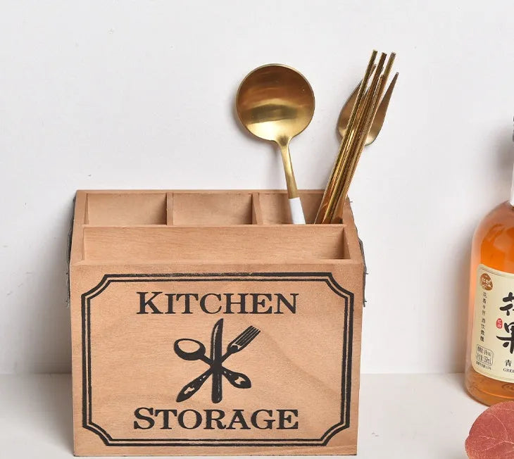 Wooden kitchen storage box with internal grid compartments for organising cutlery and chopsticks