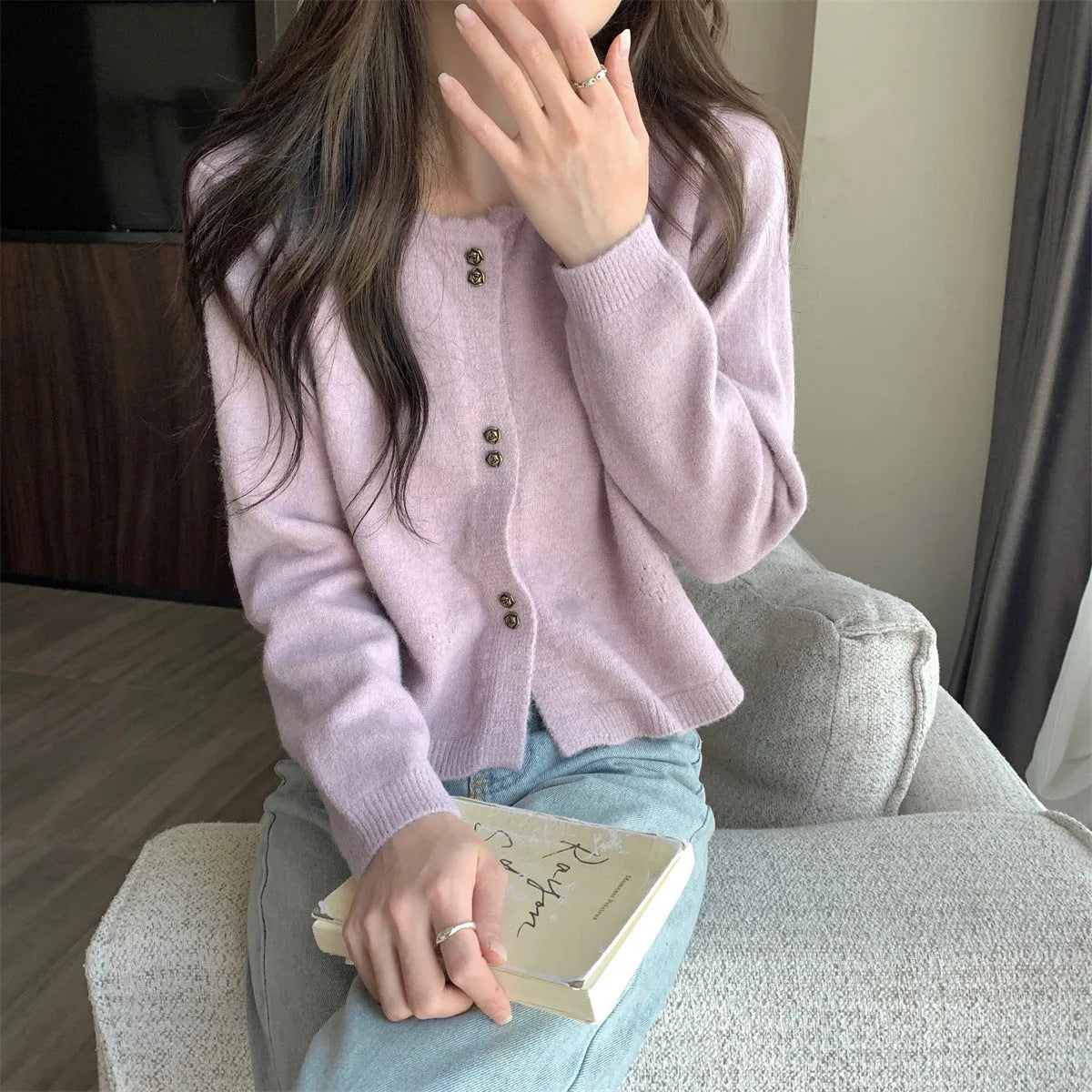 Women's long-sleeved acrylic cardigan coat in milky white, red, pink, light purple, or black colours