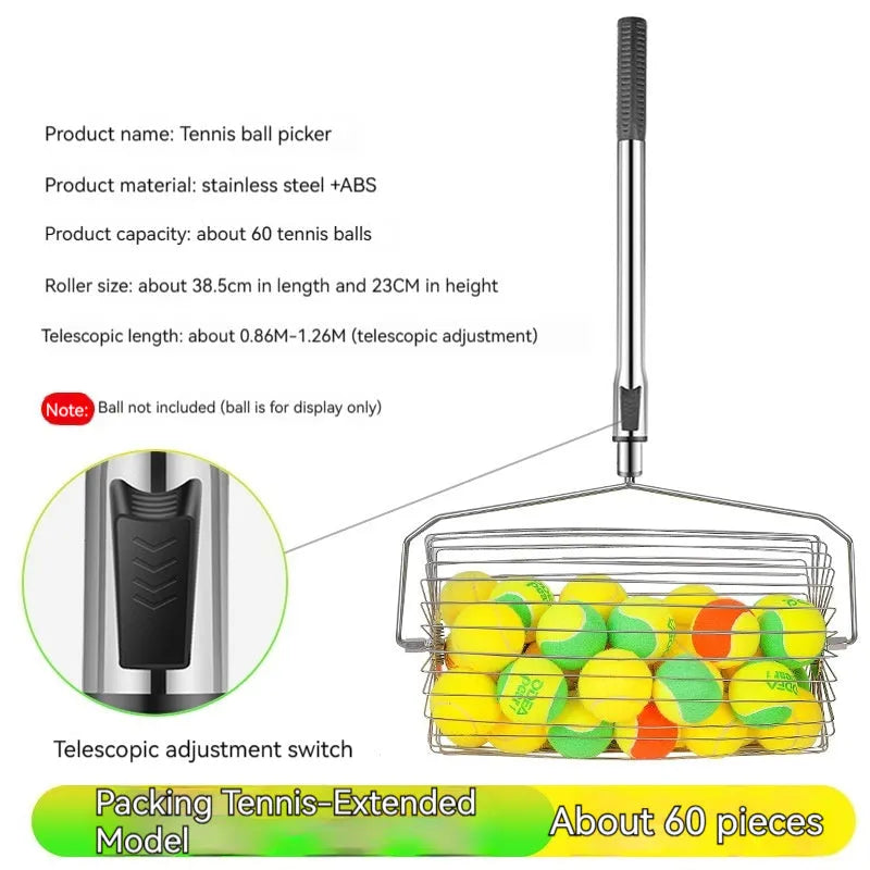 Stainless steel tennis ball roller picker with adjustable width on a court.