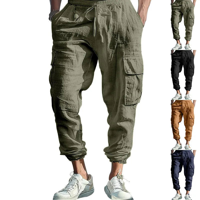 Men's ankle-tied linen casual trousers with multi-pocket tether in loose fit