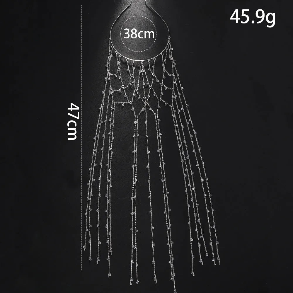 Gold or silver mesh tassel rhinestone headband hair accessory with electroplated finish