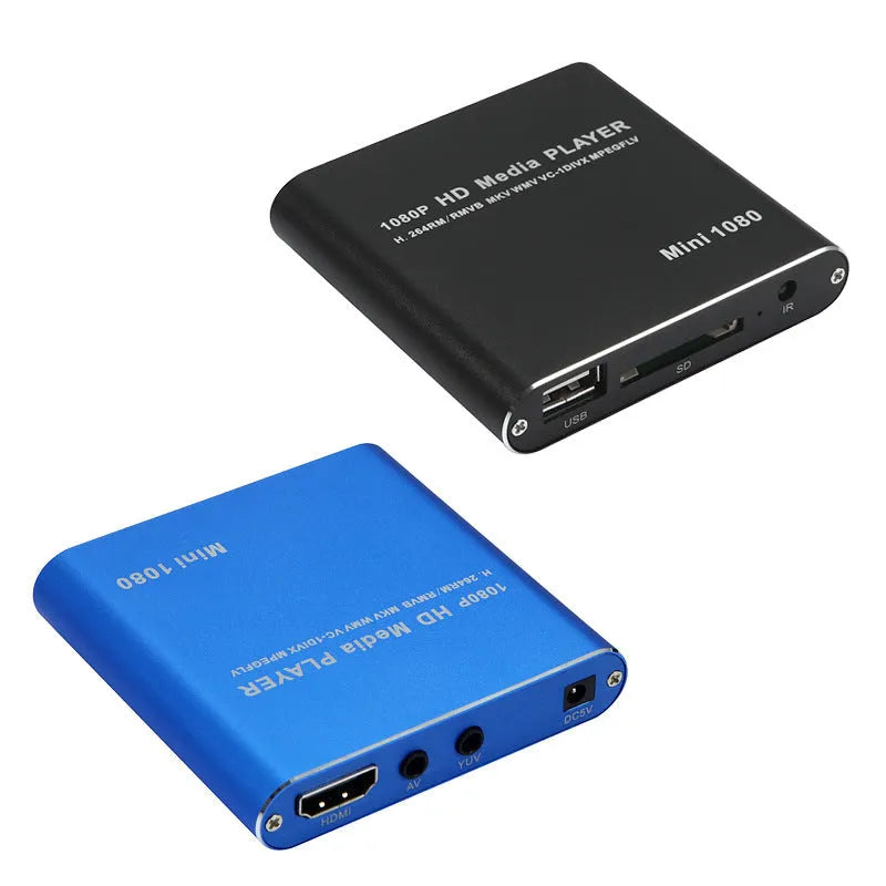 Blue 1080p HDMI media player with USB and SD card slots on compact all-metal chassis