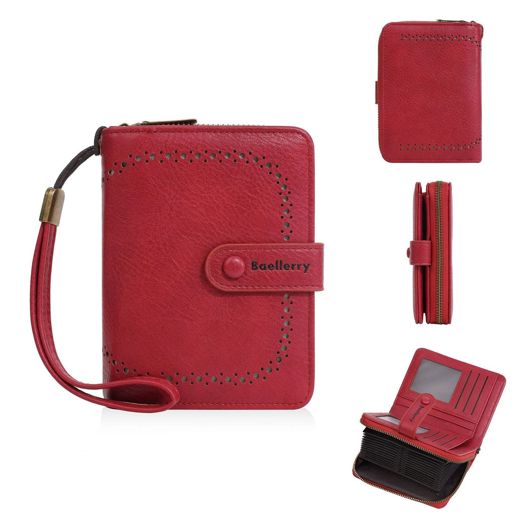 Women's black PU leather zip coin purse wallet with card slots, shown closed