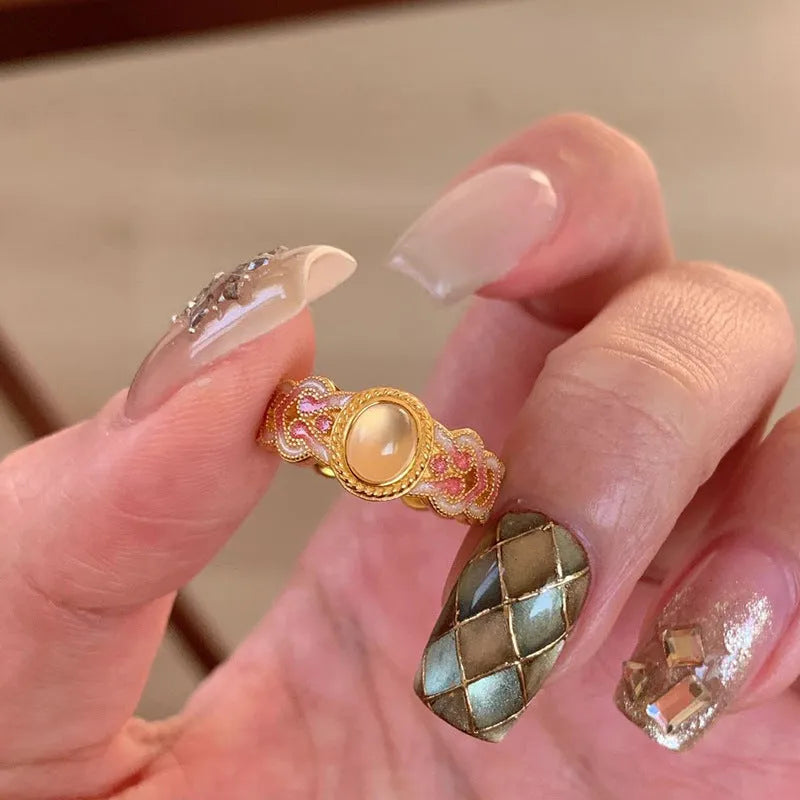 Women's copper opening ring with pink crystal enamel geometric design gold plated jewellery